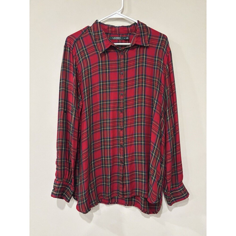 Lauren Ralph Lauren Women’s XXL Tartan Plaid Lightweight Buttondown Red Shirt - Picture 1 of 6